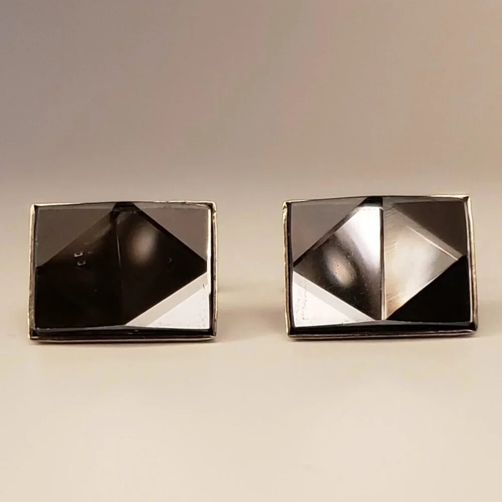 Vintage Silvertone Angled Mirrored Metal Cufflinks Faceted Geometric Rectangular